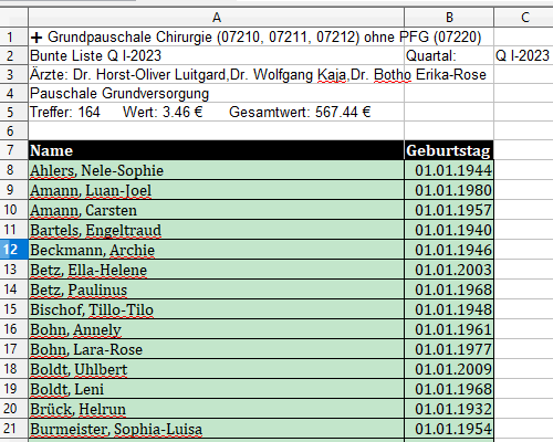 Bild eines Excel-Exports ausgeleitet aus Honorarplus